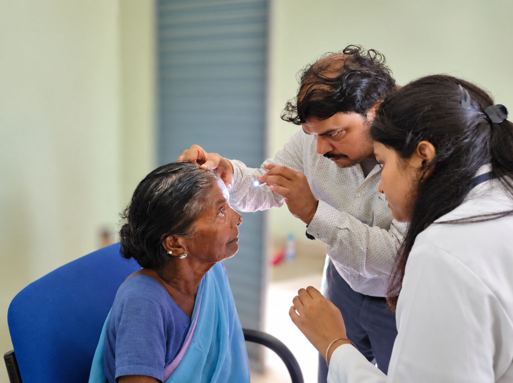 An ophthalmologist examining an elderly woman's eyes at a village eye check-up camp