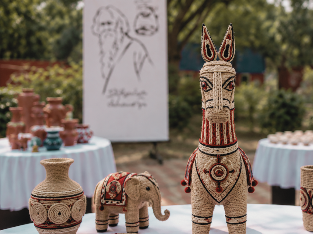 Jute craft horse, elephant and vase displayed at an outdoor craft exhibition