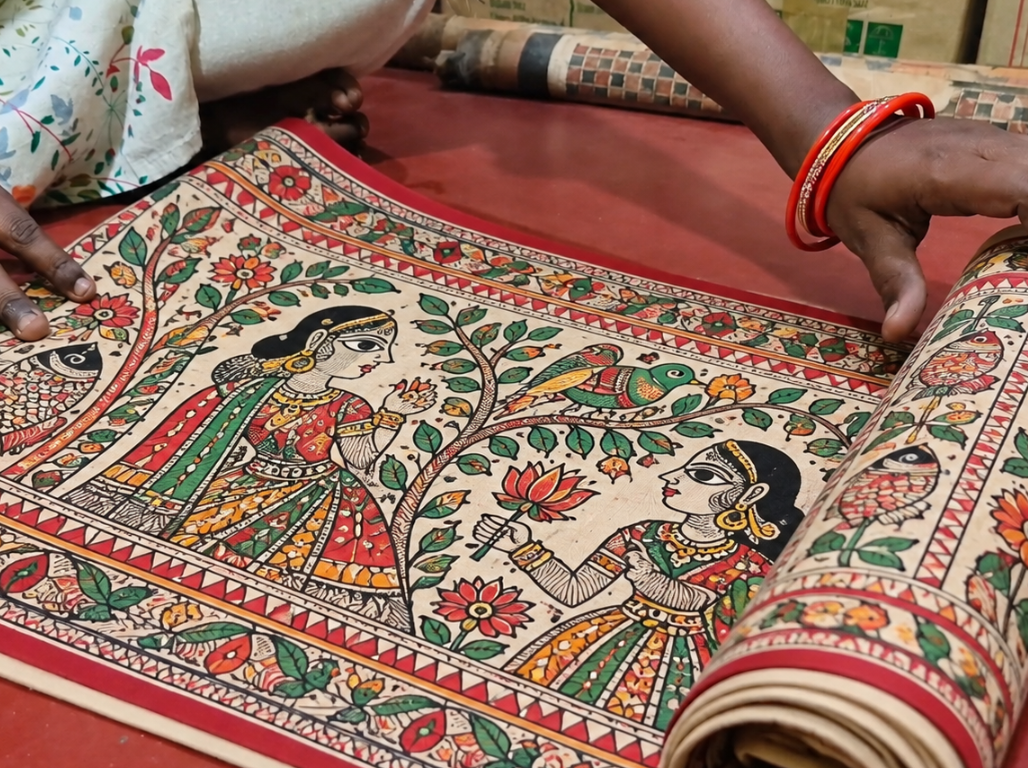 Hands unrolling a painted Madhubani scroll