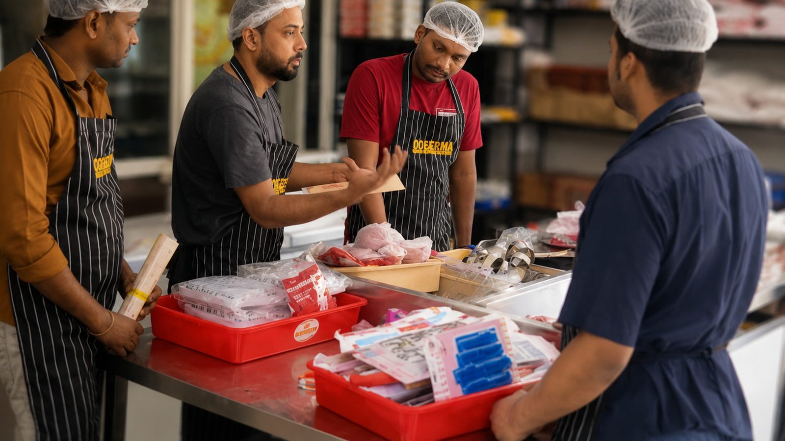 Trainees in aprons and hairnets listening to a chef during a kitchen session