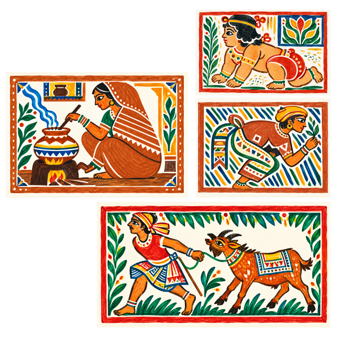 Folk-art panels of village life: cooking, a crawling child, a seated weaver and a decorated goat being led home