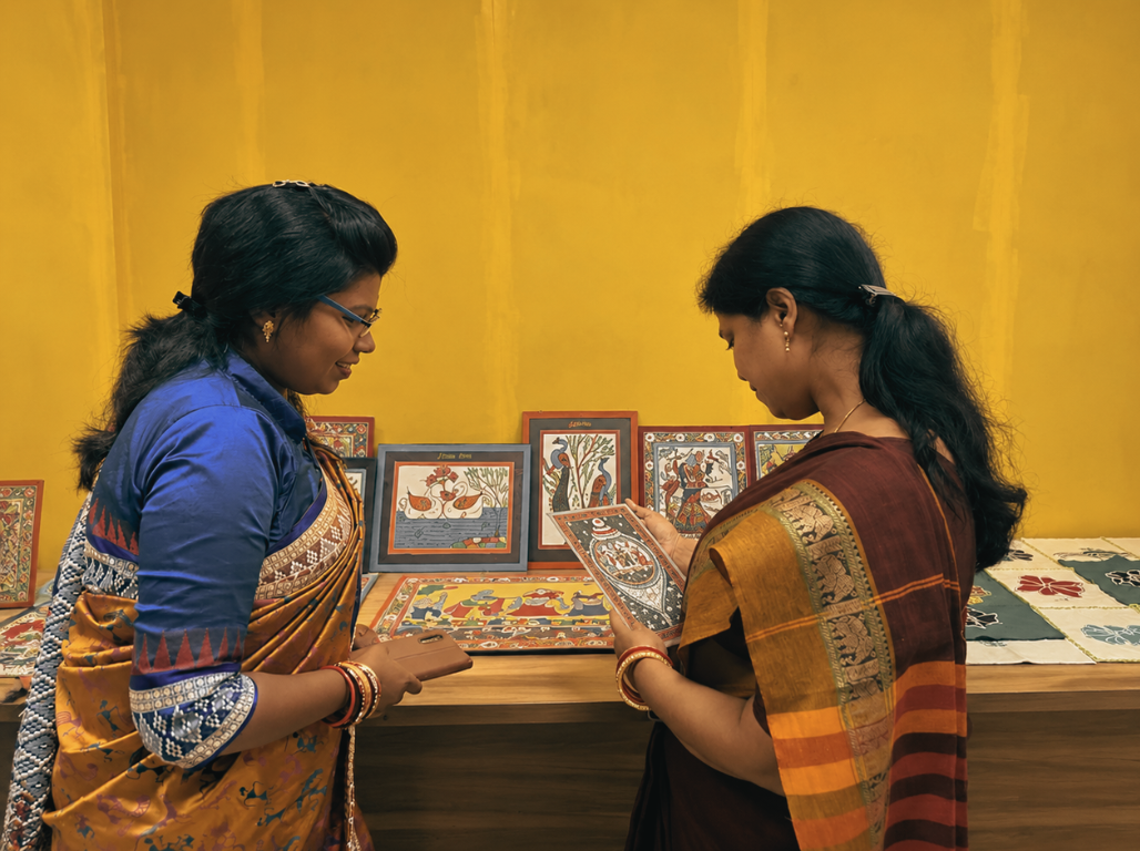 Two women examining framed patachitra paintings
