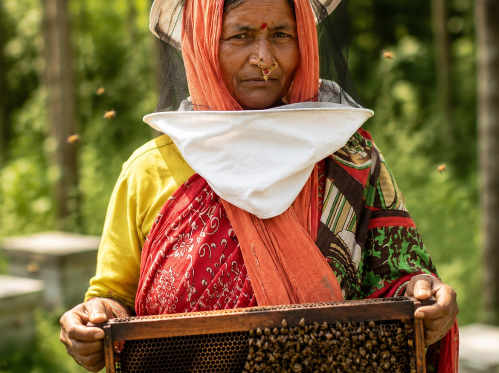 A beekeeper in a veil holding up a frame covered with bees