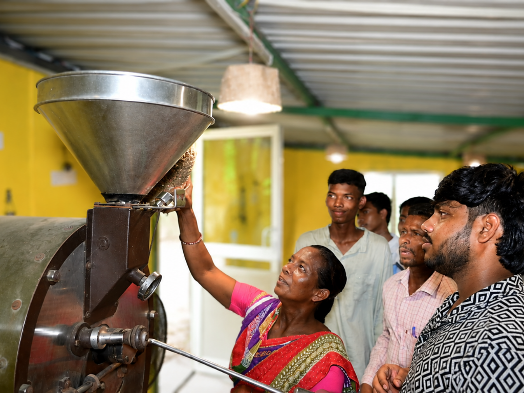 A woman being shown the coffee roasting machine while others look on