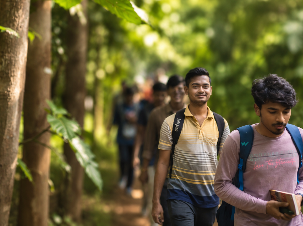 Students walking a shaded forest trail during a transect walkshop