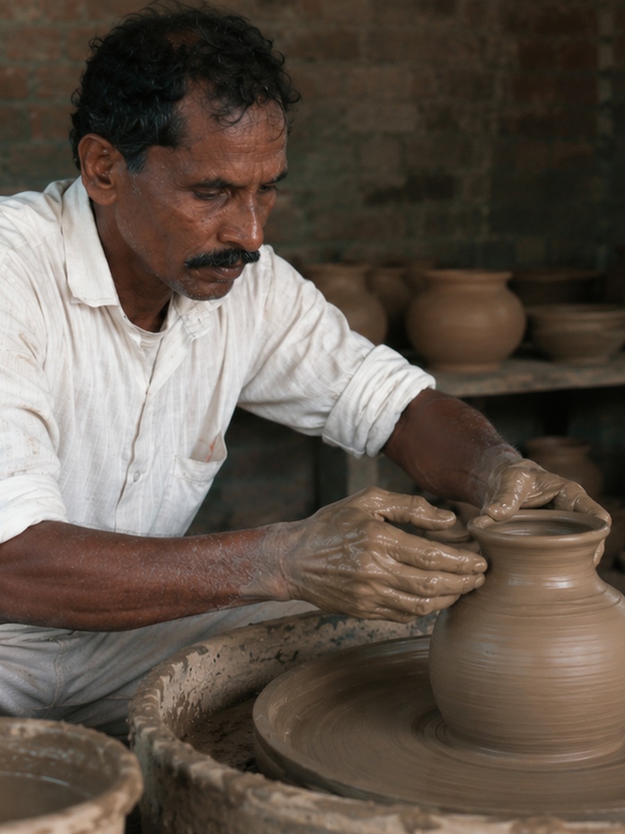 A potter shaping a clay pot on the wheel, one of the community artisans who teach as Community Teachers