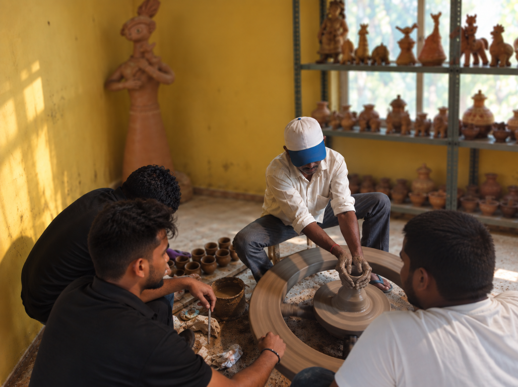 A potter throwing a pot on the wheel while young learners watch