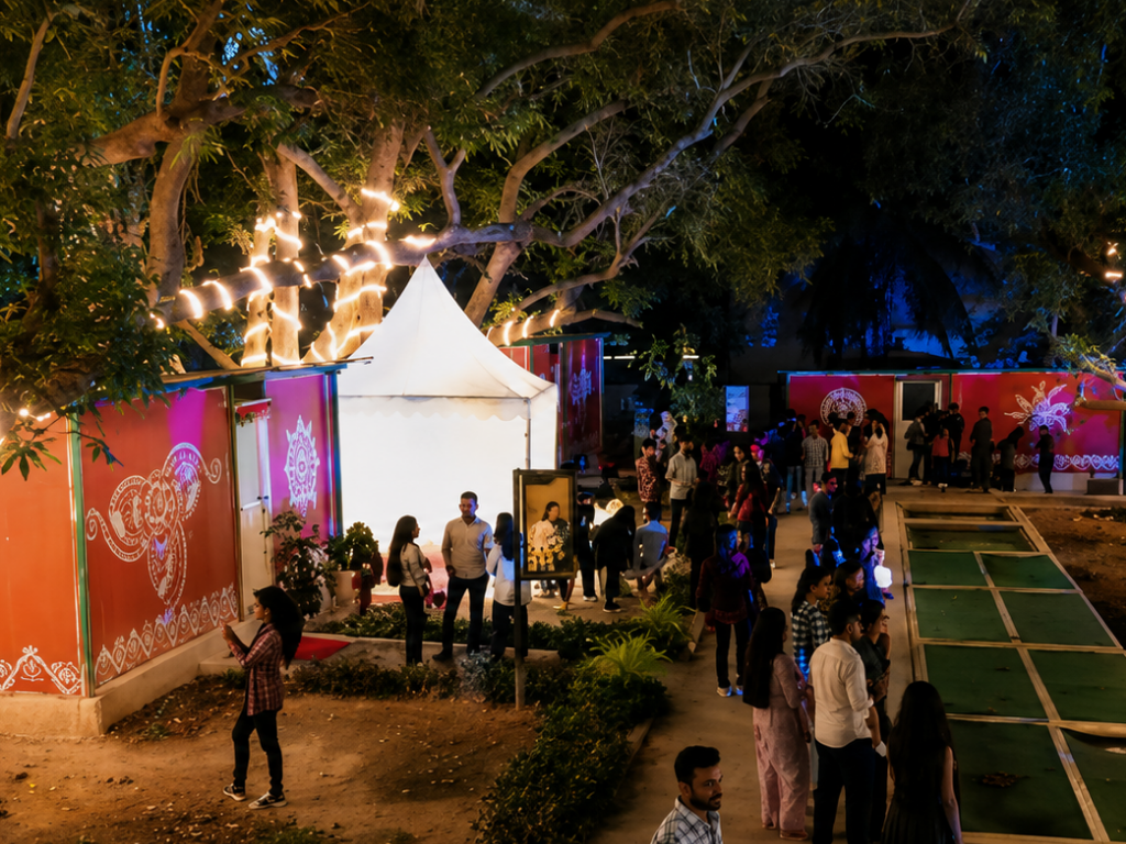 Evening gathering among lit red pavilions at the Bodh Kendra campus
