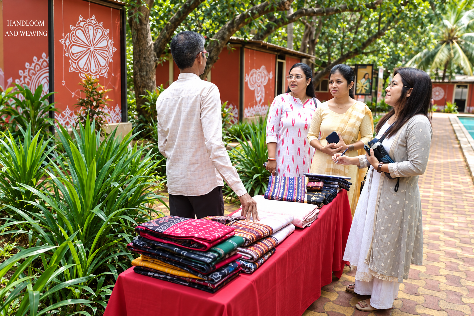Weaver showing folded handloom textiles on a table to visiting buyers