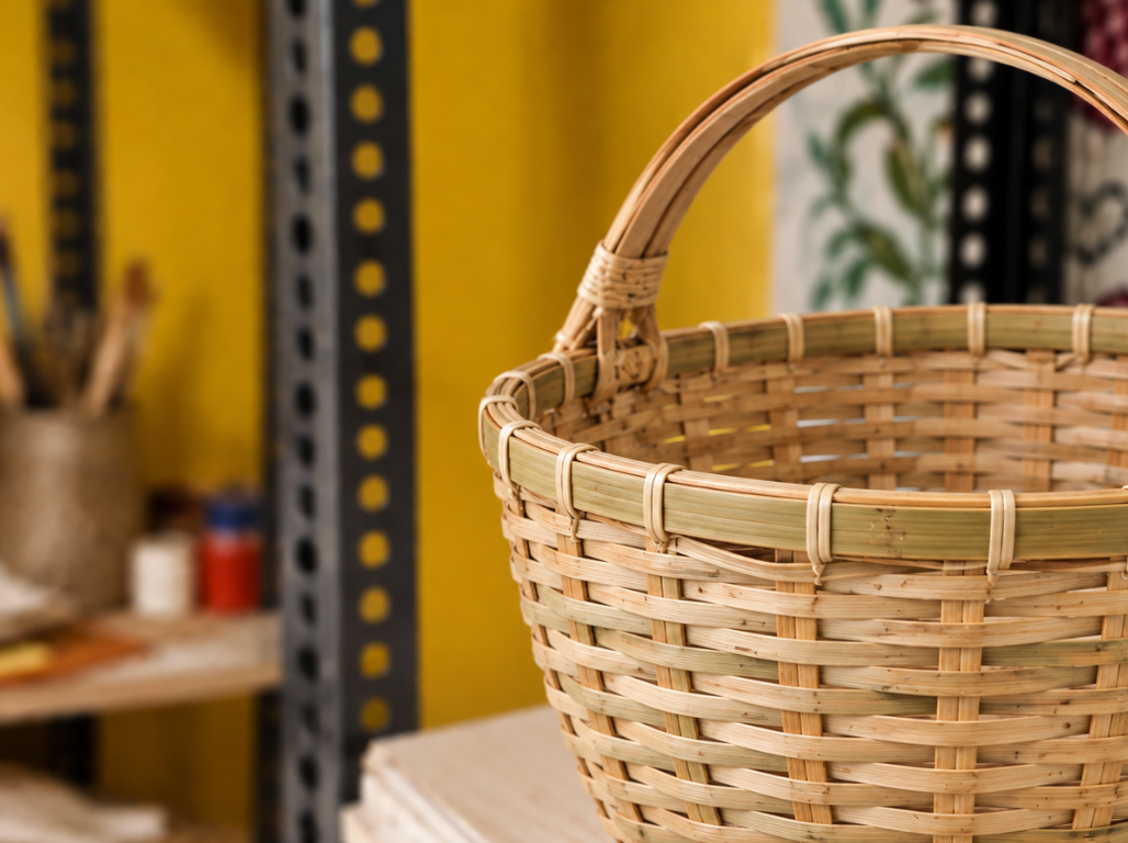 A finished cane and bamboo basket with a woven handle
