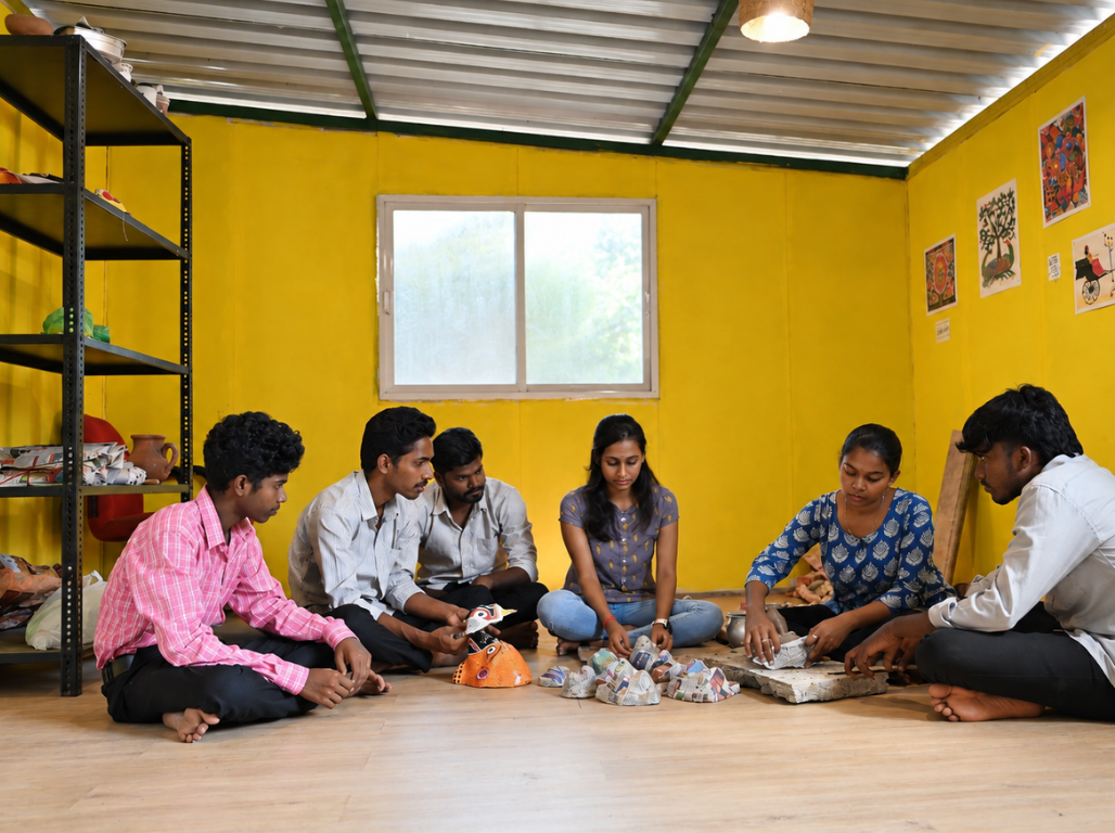Artisans seated on the floor shaping paper mâché masks