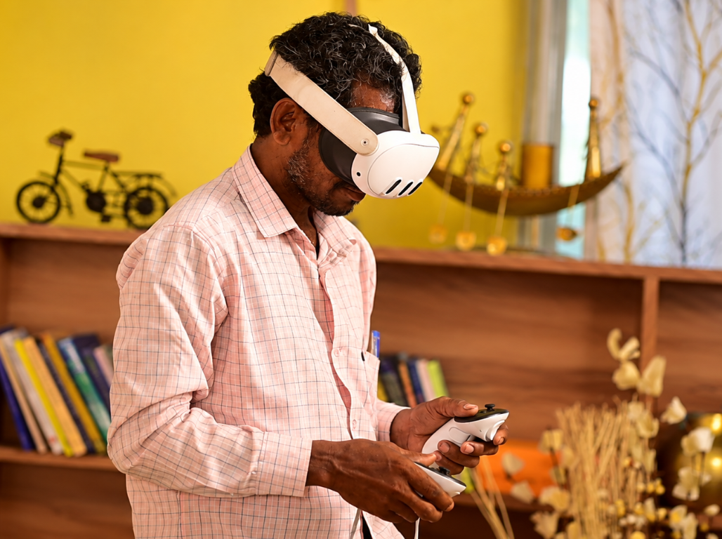 A farmer using a VR headset inside a Bodh Kendra room