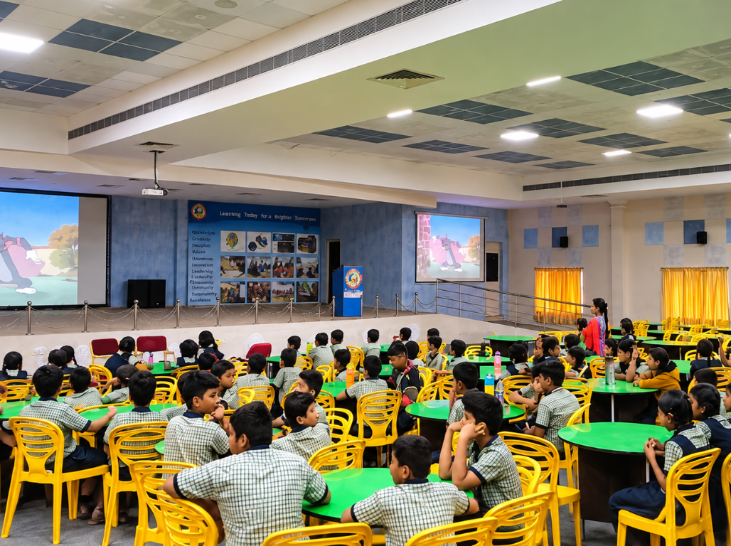A full hall of students watching a visual story on screen
