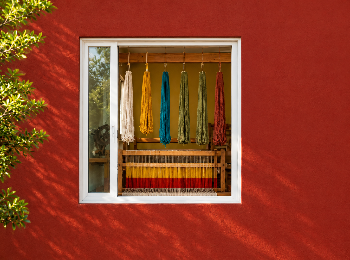 Naturally dyed yarn hanging above a loom, seen through a window in a red campus wall
