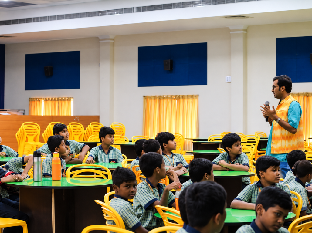 A facilitator speaking with students seated around round tables