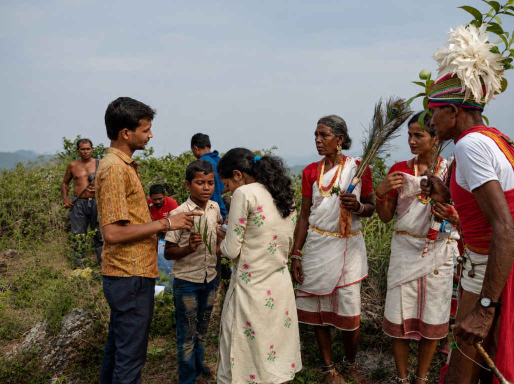 Community members examining seedlings together on a hill slope