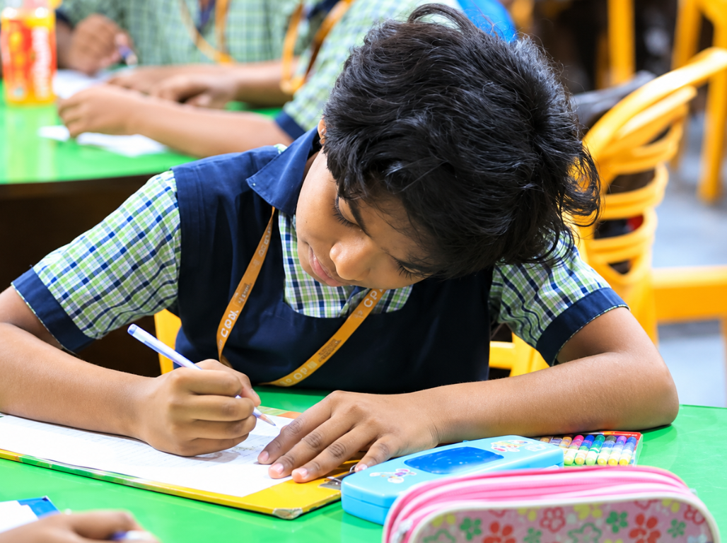 A student working through a problem in a notebook