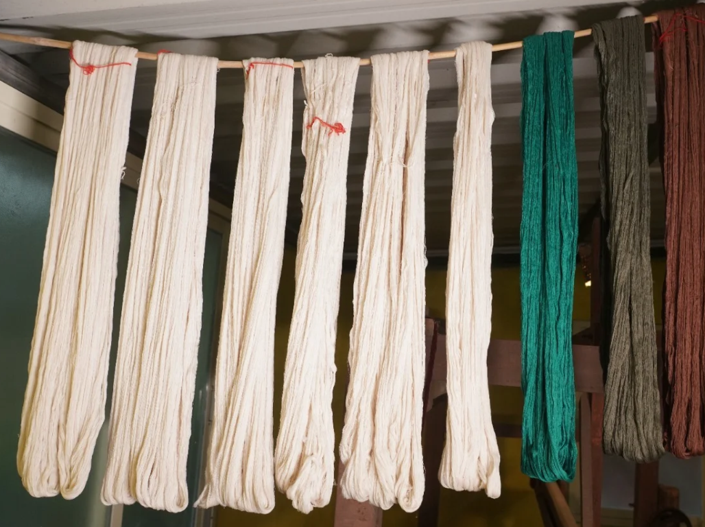 Skeins of naturally dyed yarn — undyed cream, green, olive and rust — hanging from a bamboo pole to dry