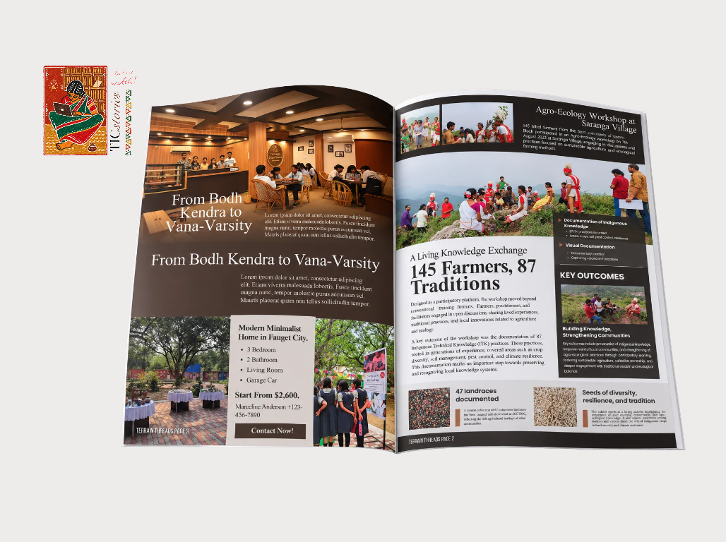 An open spread of TIC Stories showing field photographs and written reports
