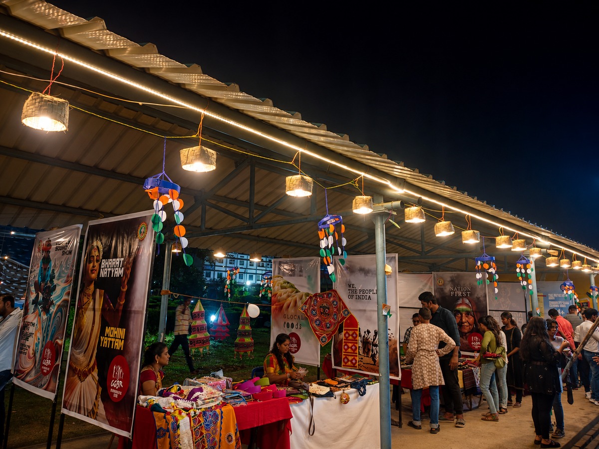 Evening craft fair stall lit with lanterns, artisans displaying handmade products