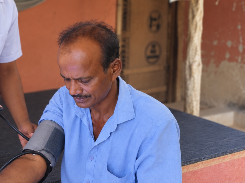 A man having his blood pressure measured at a village medical check-up camp