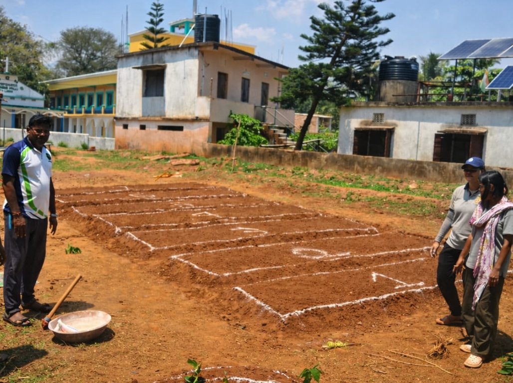 Facilitators marking a plot layout with lime lines on open ground