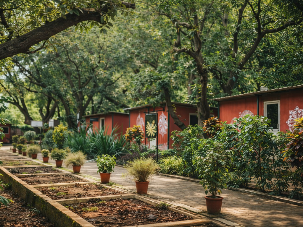 Garden path beside the red buildings of the Pratiti Bodh Kendra in Odisha