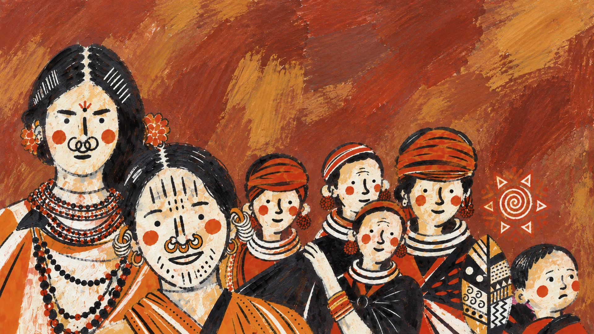 Illustrated community gathering in warm terracotta tones.