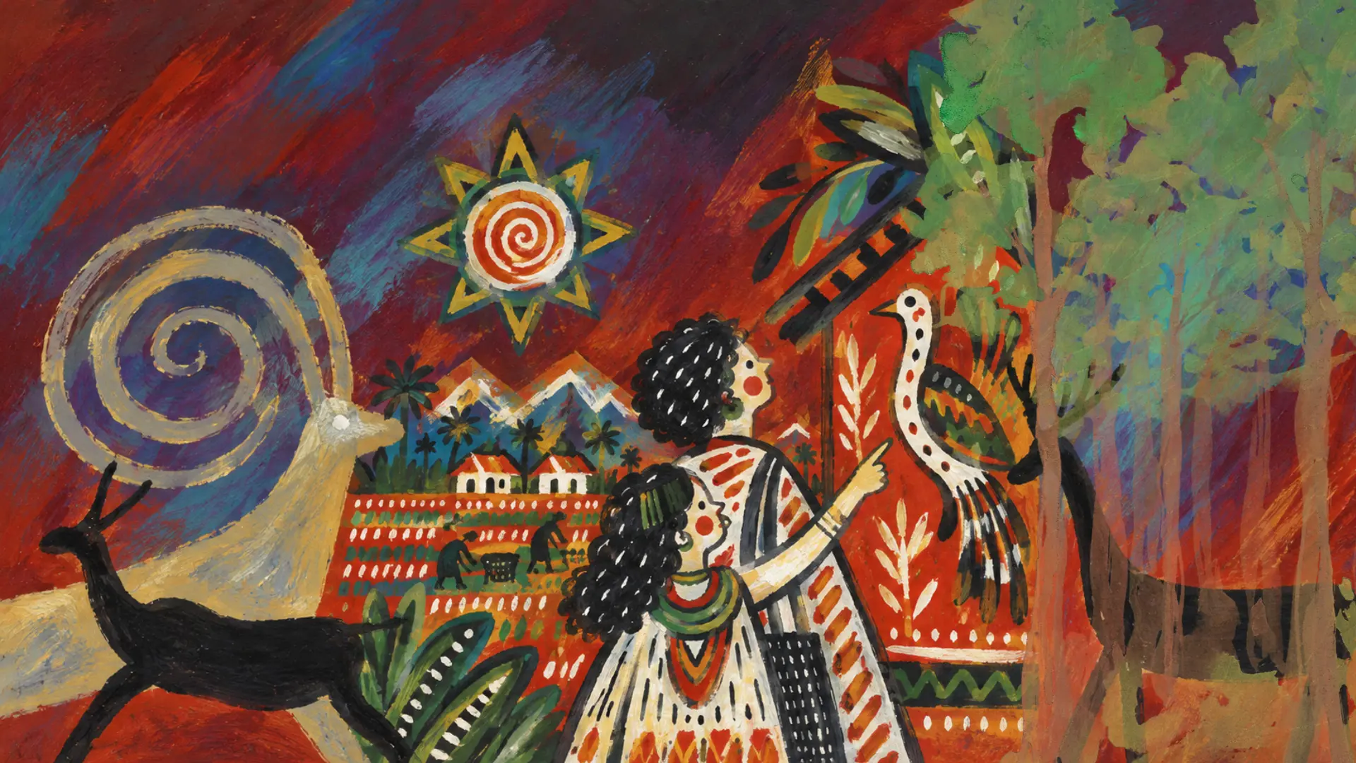 Folk painting of two women pointing at a bird, with a deer, spiral snail, star motif and village fields