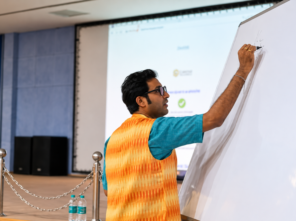 A facilitator drawing a shape on a whiteboard beside a projected screen