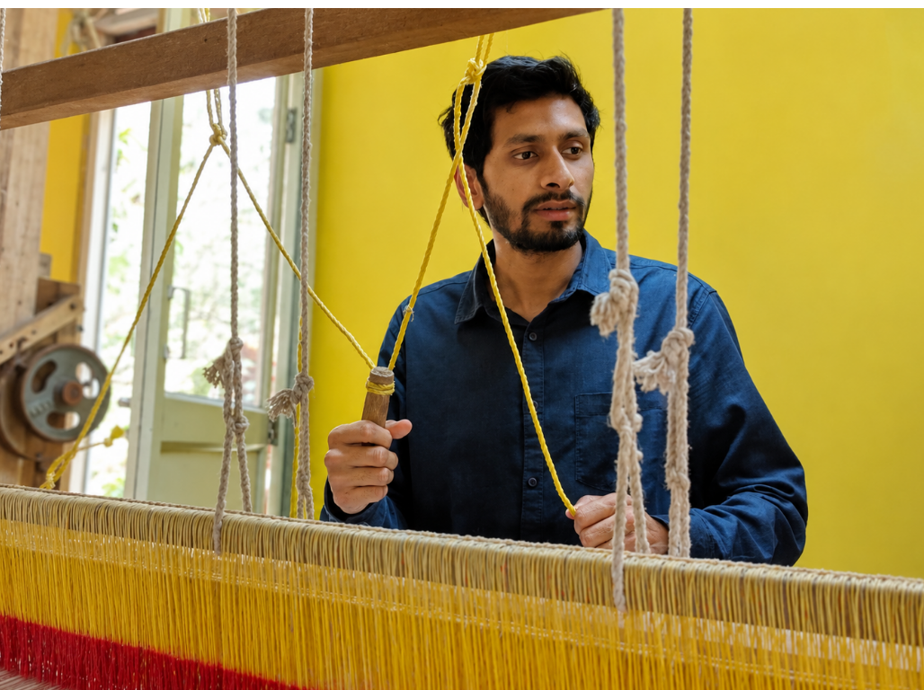 A weaver at a handloom with golden warp threads