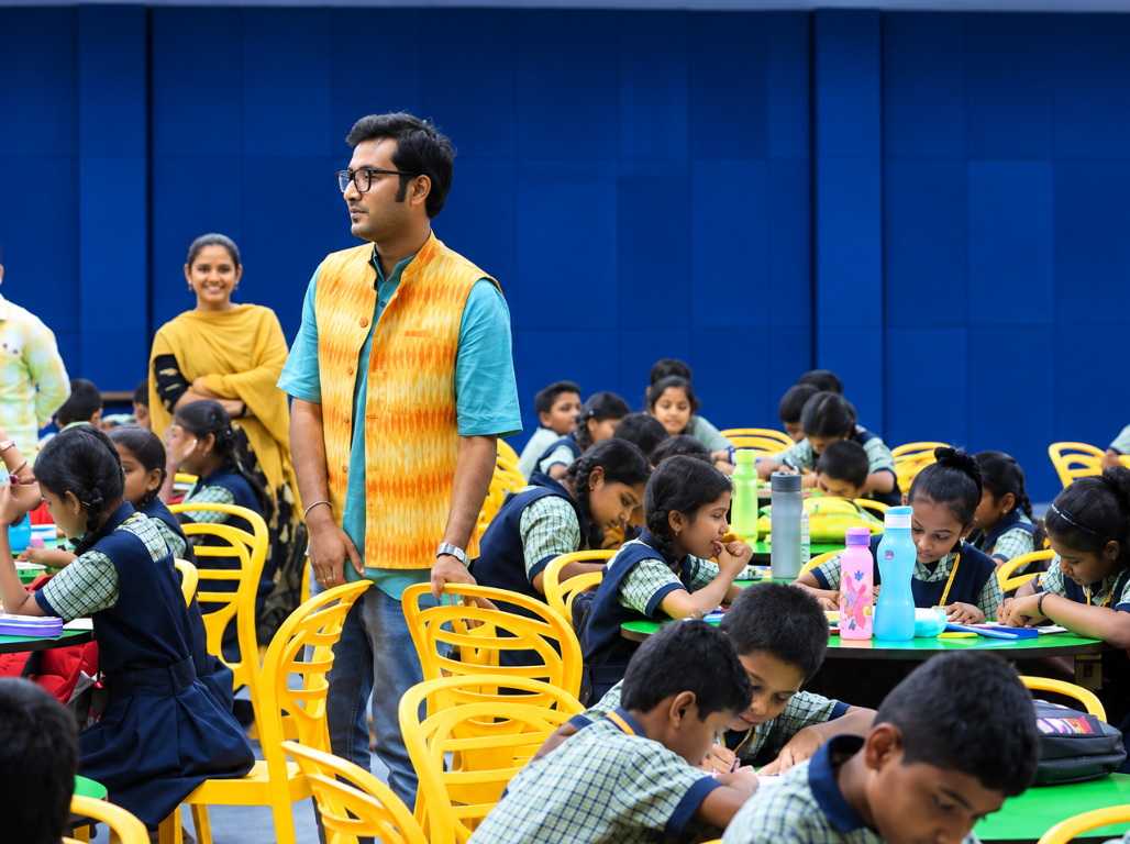 A facilitator moving between tables as students work