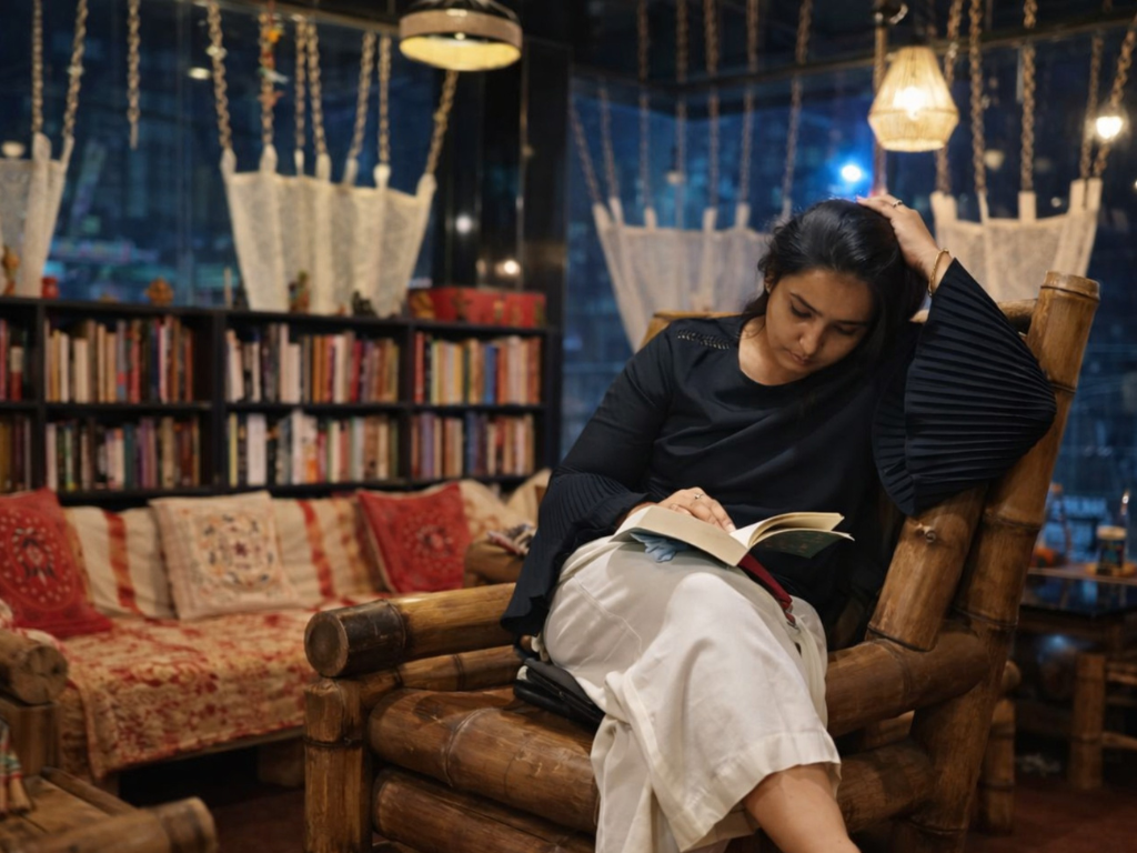 A visitor reading in the warm bamboo interior of Café Terrain