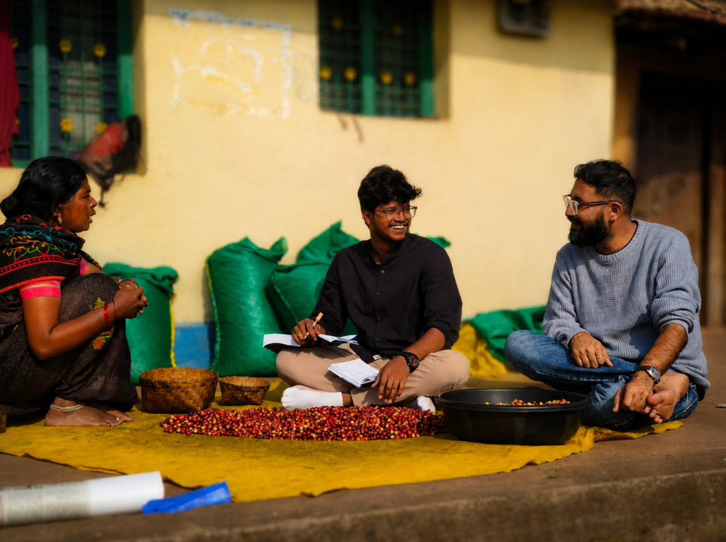 MTF team sitting with a coffee grower, recording the day's harvest of red cherries
