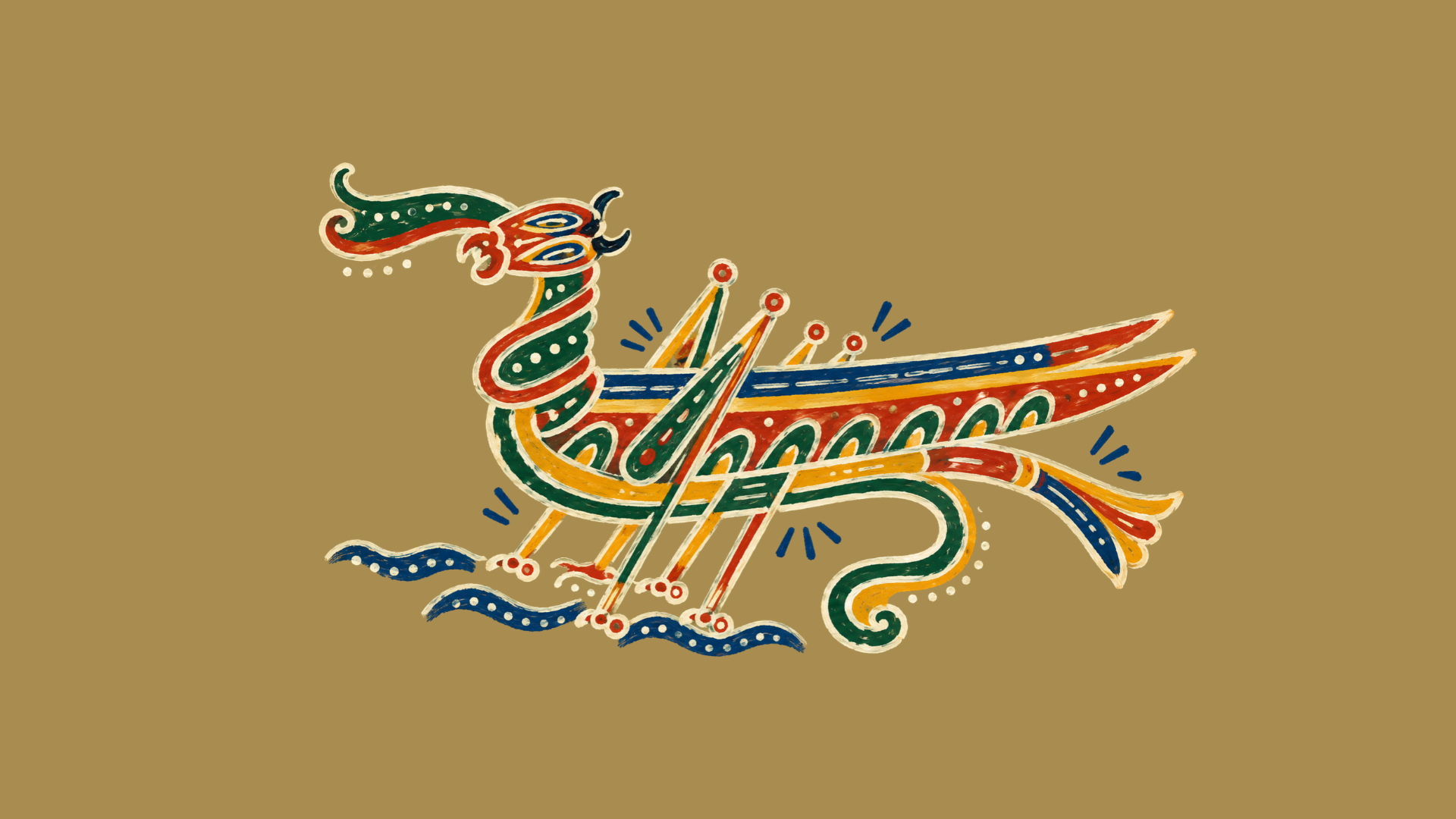 Folk illustration of a decorated bird-boat with oars over stylised waves