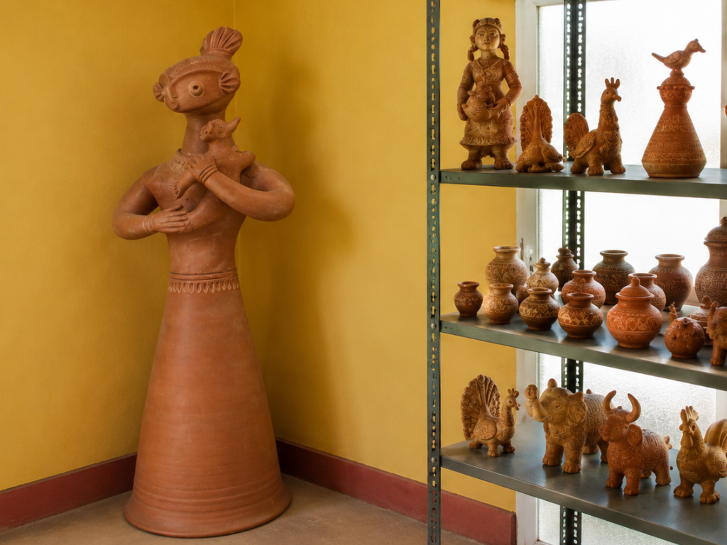 Terracotta figurines and pots displayed on shelves beside a large clay sculpture in a village craft studio.