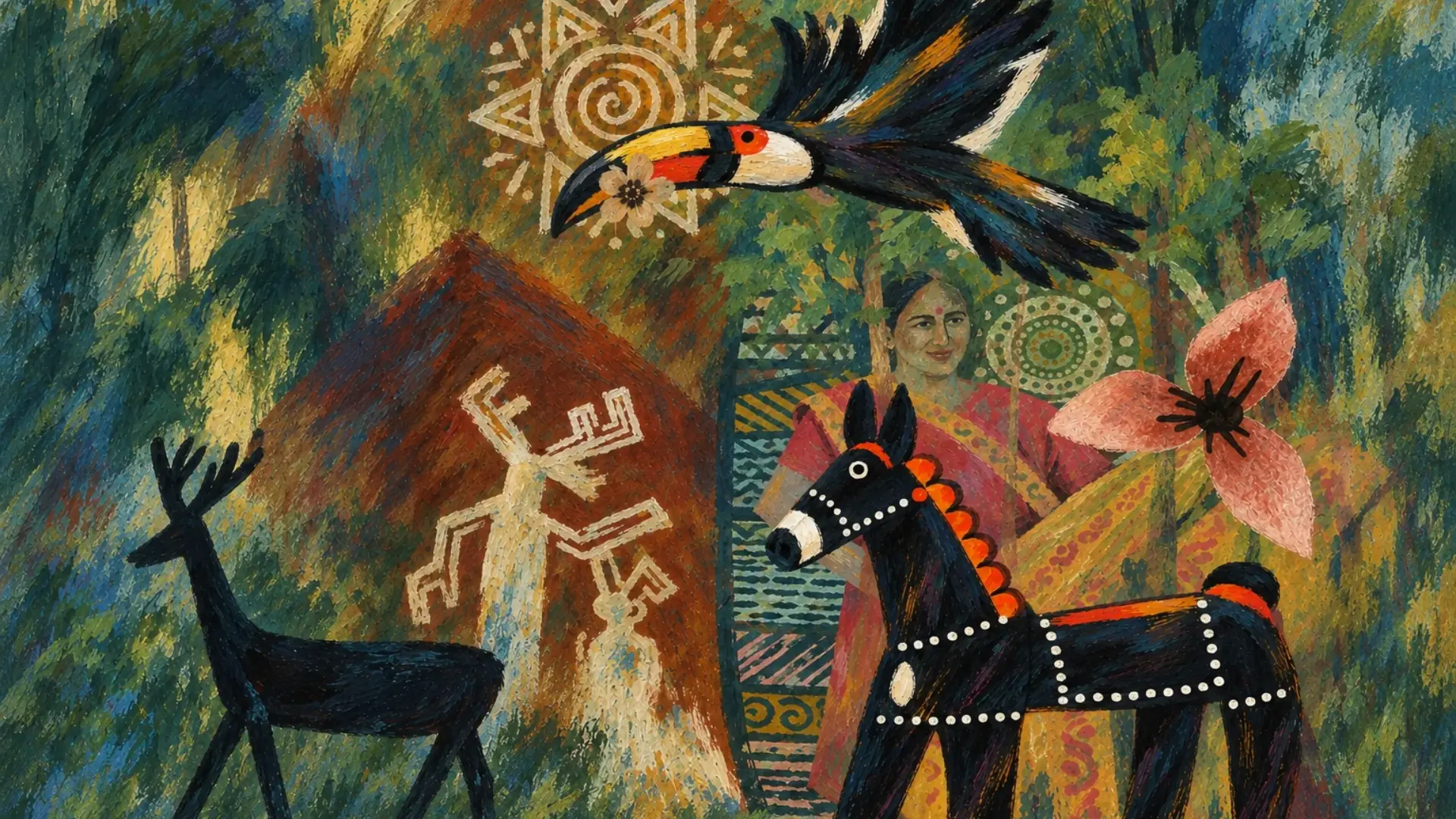 Folk painting of a hornbill, deer, decorated horse and a woman amid forest motifs