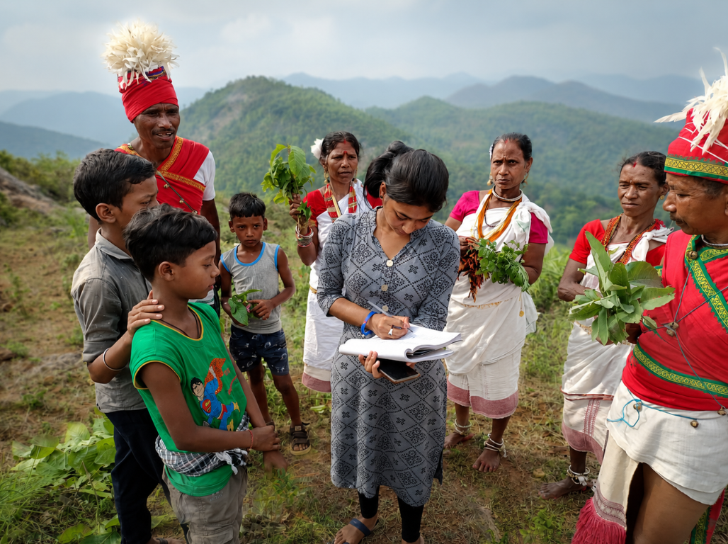 Researcher noting plant knowledge with a hill community during a forest camp