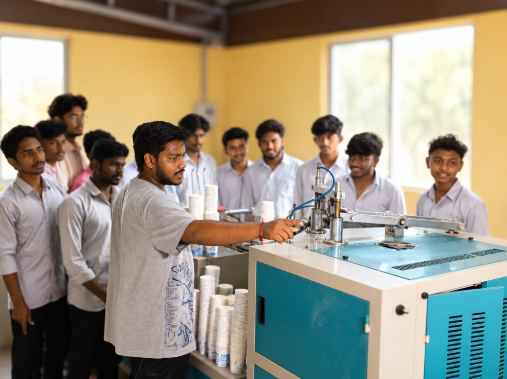 A trainer demonstrating a paper cup making machine to a group of young men