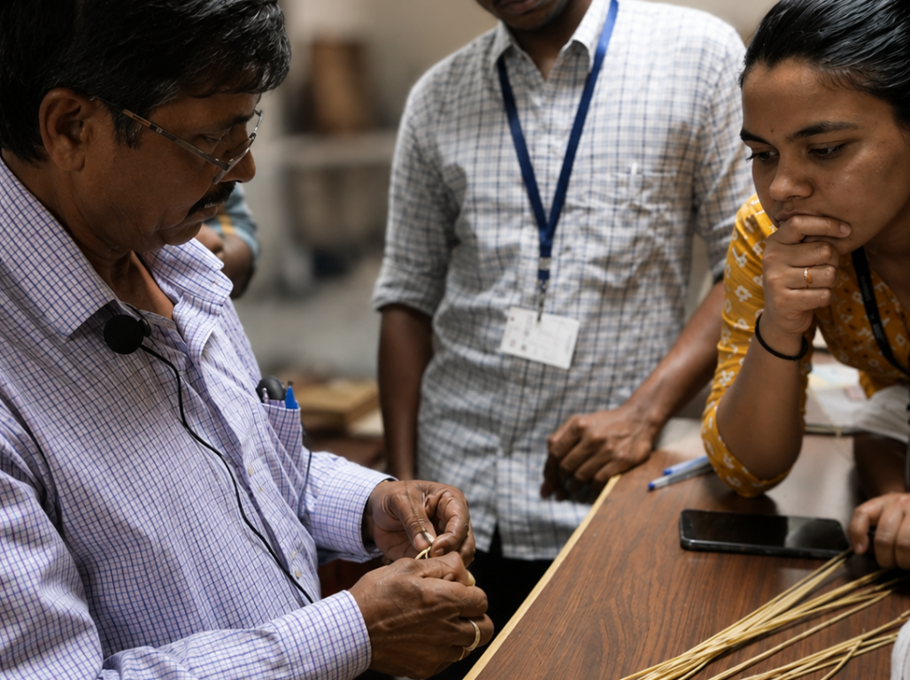 A master craftsman showing trainees how to work with fine cane strips