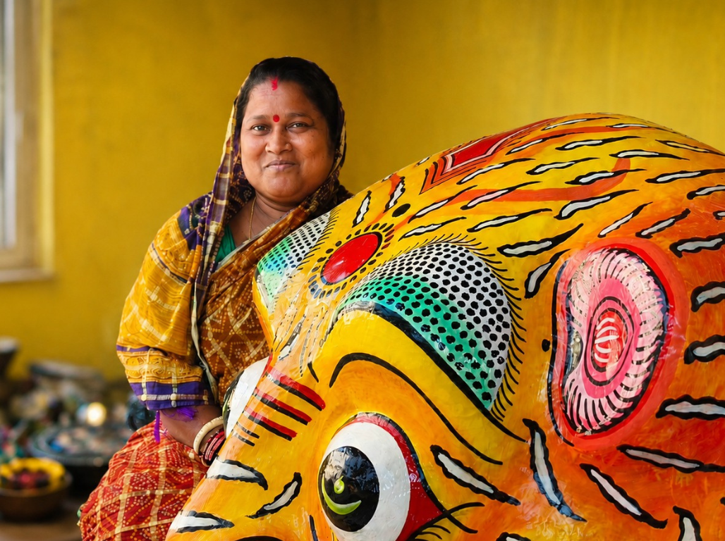 An artisan seated beside a large hand-painted fish mask she has made