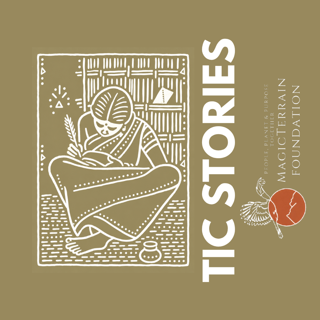 TIC Stories artwork of a woman writing, drawn in white line on olive