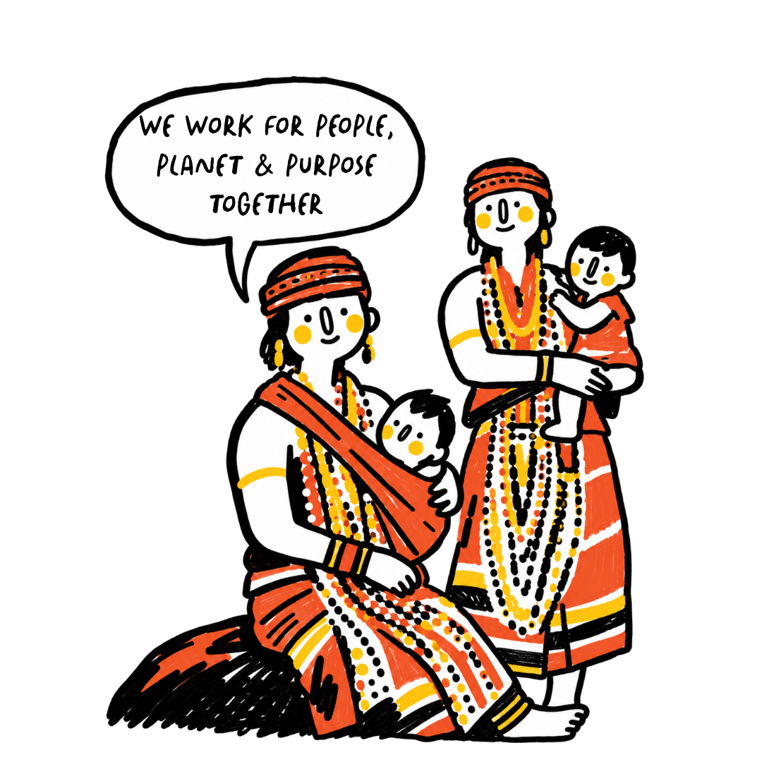 Hand-drawn illustration of villagers leaving and returning to their land.