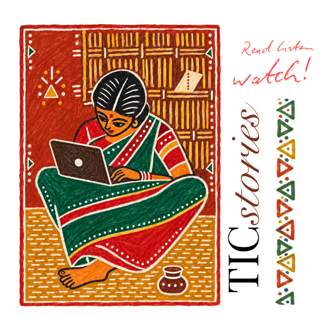 Folk-art illustration of a woman in a green and red sari reading on a laptop, with the words TIC Stories — read, listen, watch.