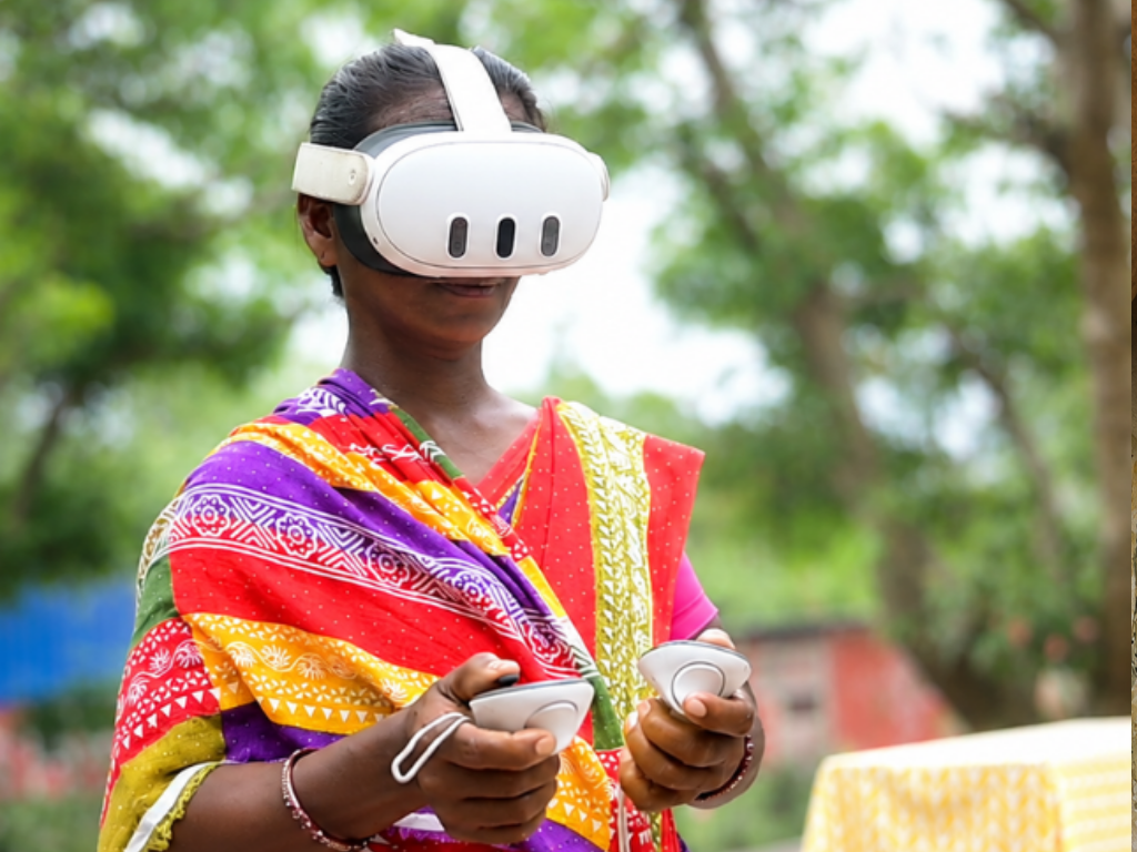 A woman in a VR headset holding controllers during a practice session