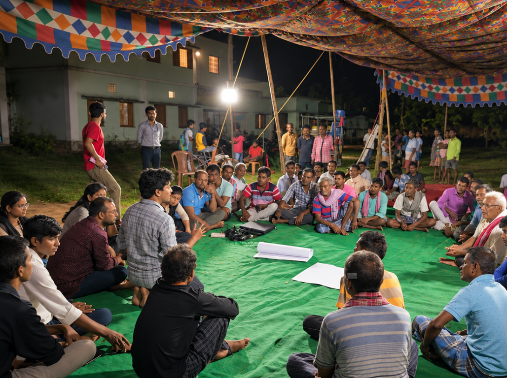 A village meeting under a decorated canopy at night