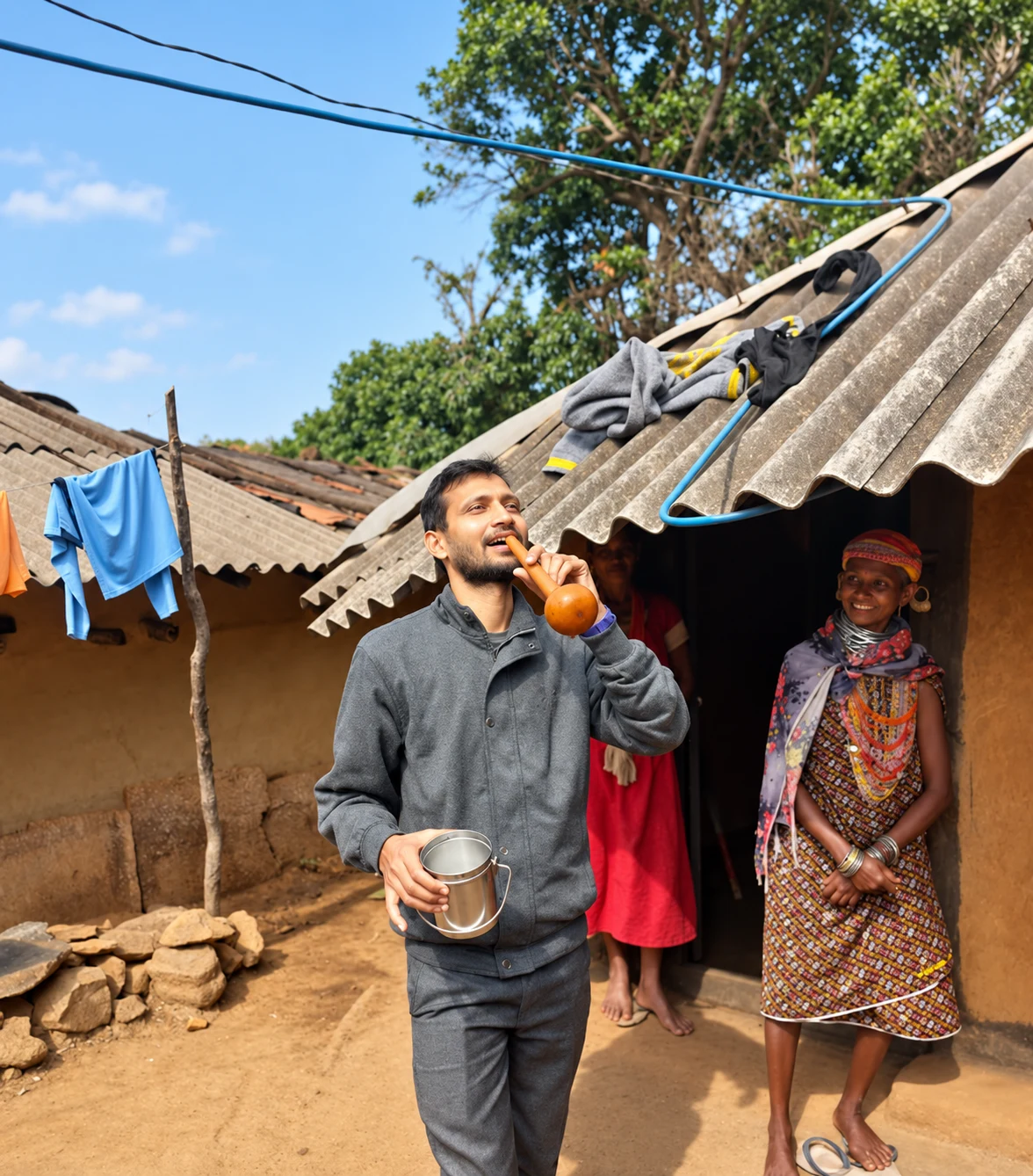 A field team member drinking from a gourd with community members outside a village home