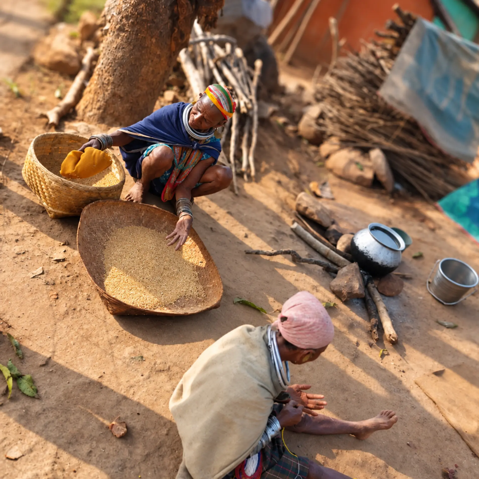 Bonda women winnowing and sorting grain outside their home