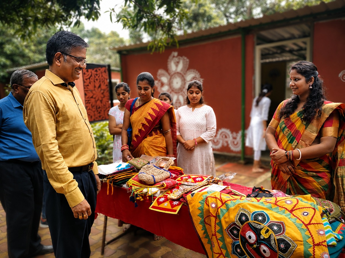 Artisan women showing embroidered and appliqué craft work to visitors at a Bodh Kendra courtyard