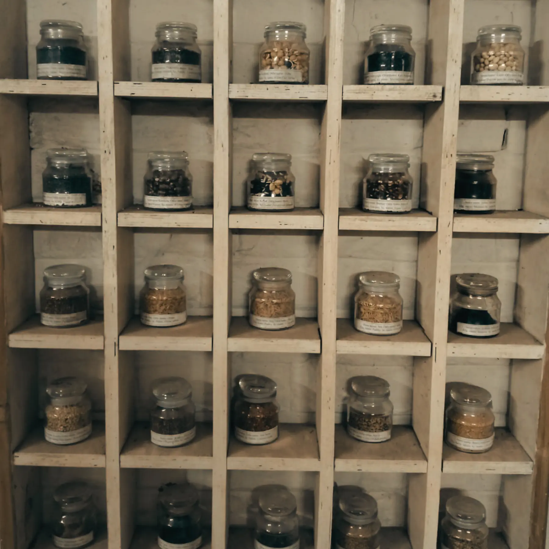 Labelled glass jars of seeds arranged on wooden shelves